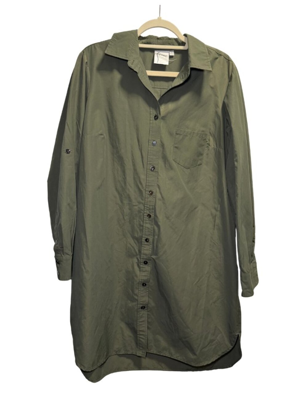 Finley Olive Green Button-Front Shirt Dress Tunic Roll-Tab Sleeves L